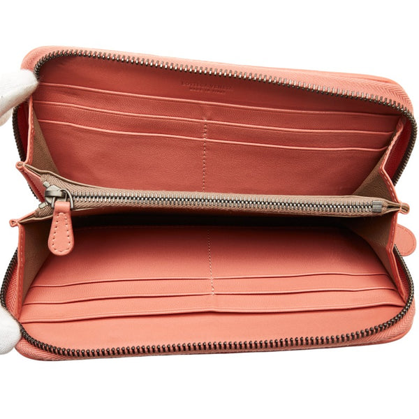 ボッテガヴェネタ イントレチャート ラウンドファスナー 長財布 ピンク レザー レディース BOTTEGAVENETA 【中古】