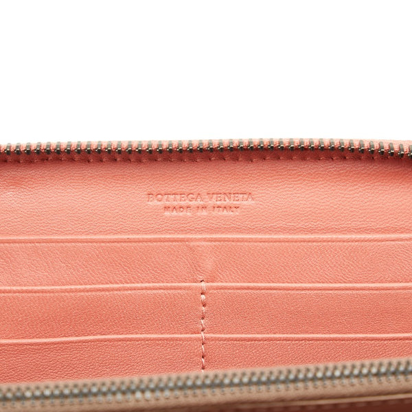 ボッテガヴェネタ イントレチャート ラウンドファスナー 長財布 ピンク レザー レディース BOTTEGAVENETA 【中古】