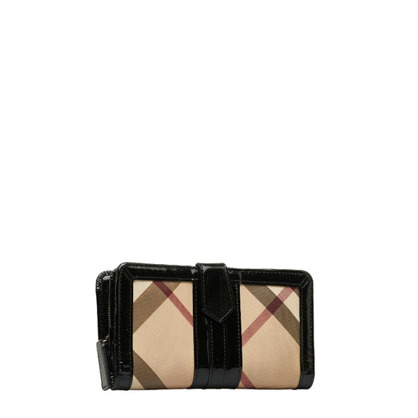 バーバリー ノバチェック 長財布 ベージュ ブラック エナメル PVC レディース BURBERRY 【中古】