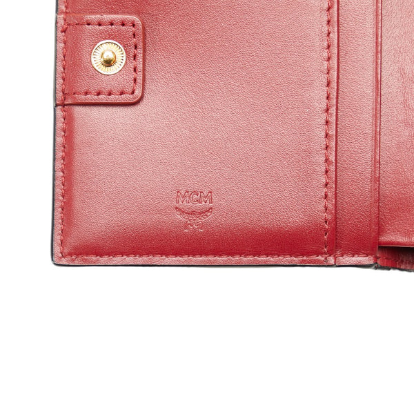 エム シー エム リボン スタッズ 二つ折り財布 ブラック ワインレッド レザー レディース MCM 【中古】