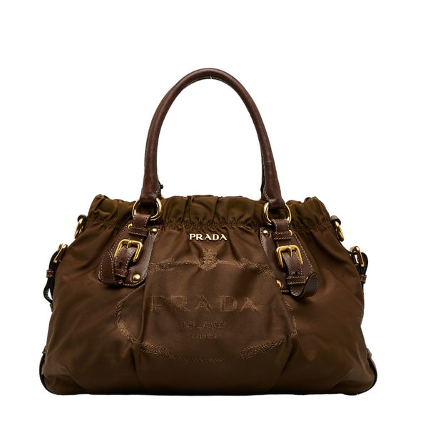 プラダ ロゴジャガード ハンドバッグ ショルダーバッグ 2WAY ブラウン ナイロン レザー レディース PRADA 【中古】