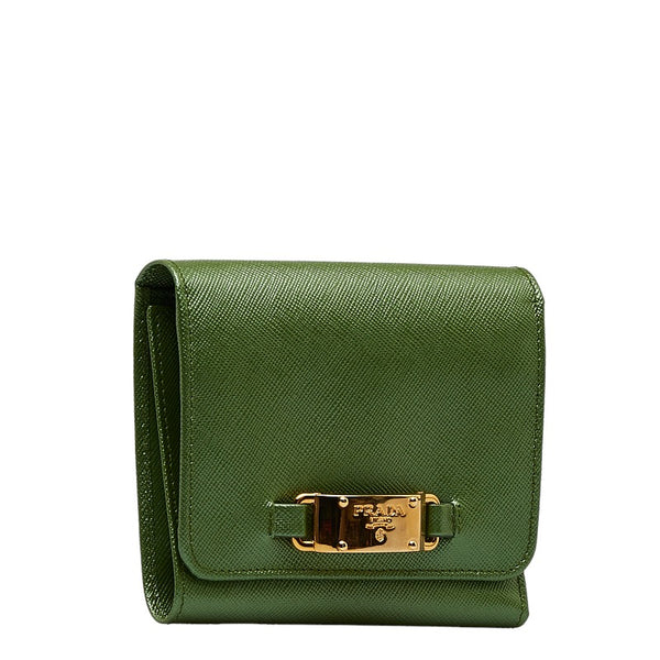プラダ ロゴプレート サフィアーノ 三つ折り財布 コンパクトウォレット  グリーン ゴールド レザー レディース PRADA 【中古】