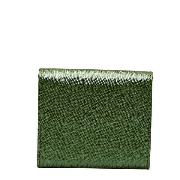 プラダ ロゴプレート サフィアーノ 三つ折り財布 コンパクトウォレット  グリーン ゴールド レザー レディース PRADA 【中古】