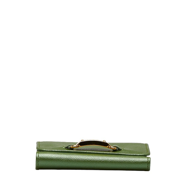 プラダ ロゴプレート サフィアーノ 三つ折り財布 コンパクトウォレット  グリーン ゴールド レザー レディース PRADA 【中古】