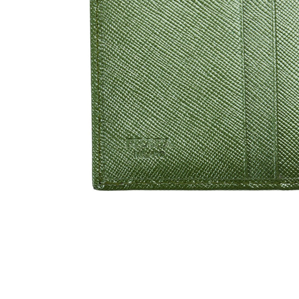 プラダ ロゴプレート サフィアーノ 三つ折り財布 コンパクトウォレット  グリーン ゴールド レザー レディース PRADA 【中古】