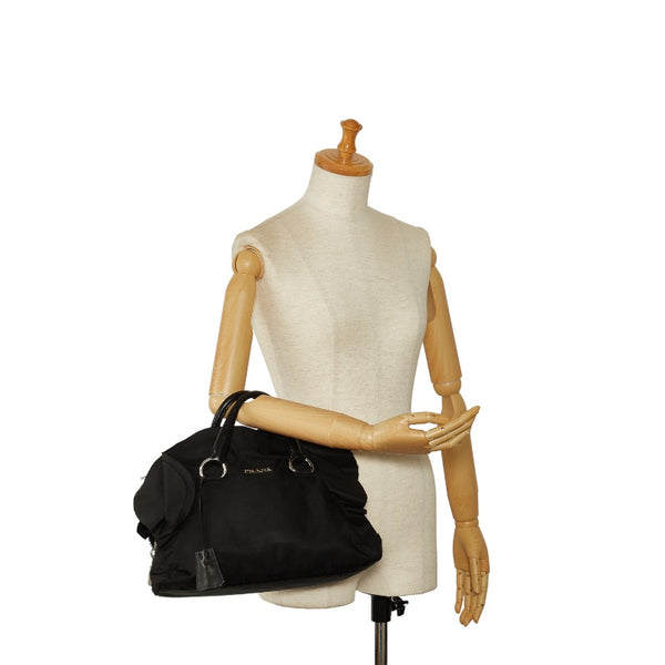 プラダ フリル ハンドバッグ ブラック ナイロン レザー レディース PRADA 【中古】