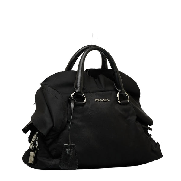 プラダ フリル ハンドバッグ ブラック ナイロン レザー レディース PRADA 【中古】