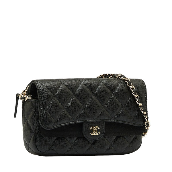 シャネル マトラッセ ココマーク 斜め掛け チェーン ショルダーウォレット ブラック キャビアスキン レディース CHANEL 【中古】