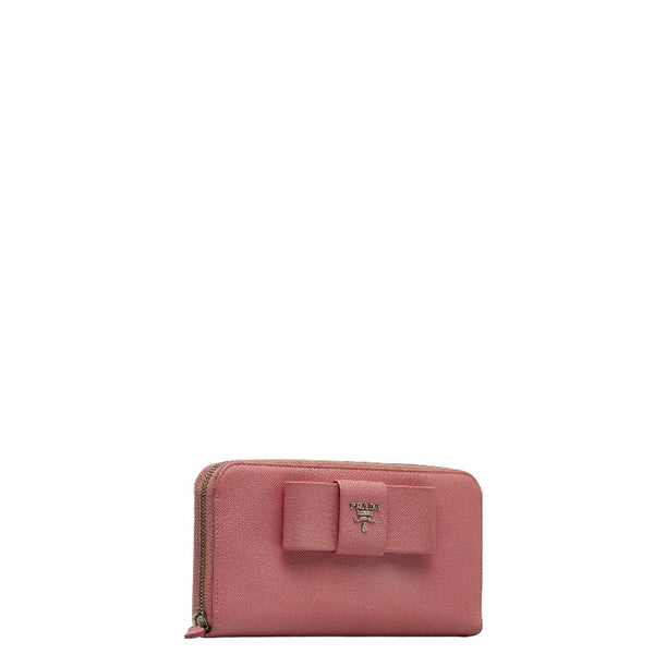 プラダ サフィアーノ リボン ラウンドジップ 長財布 ピンク レザー レディース PRADA 【中古】