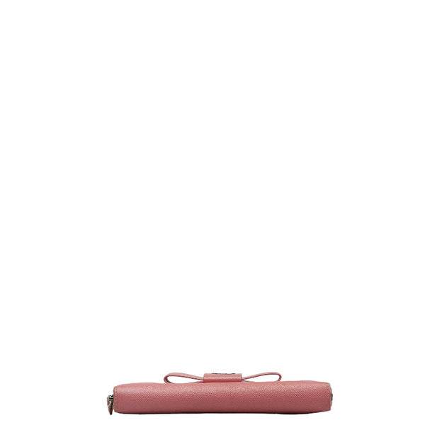 プラダ サフィアーノ リボン ラウンドジップ 長財布 ピンク レザー レディース PRADA 【中古】