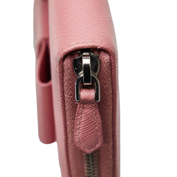 プラダ サフィアーノ リボン ラウンドジップ 長財布 ピンク レザー レディース PRADA 【中古】