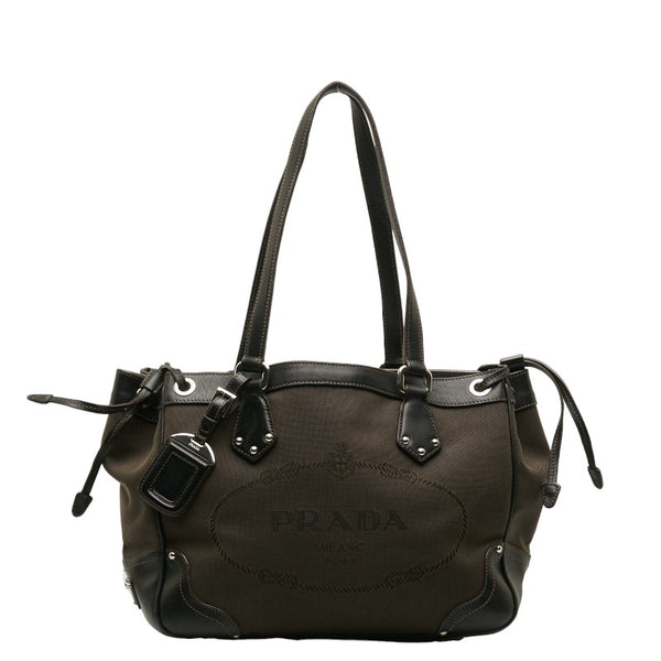 プラダ ロゴジャカード ショルダーバッグ ブラウン キャンバス レザー レディース PRADA 【中古】