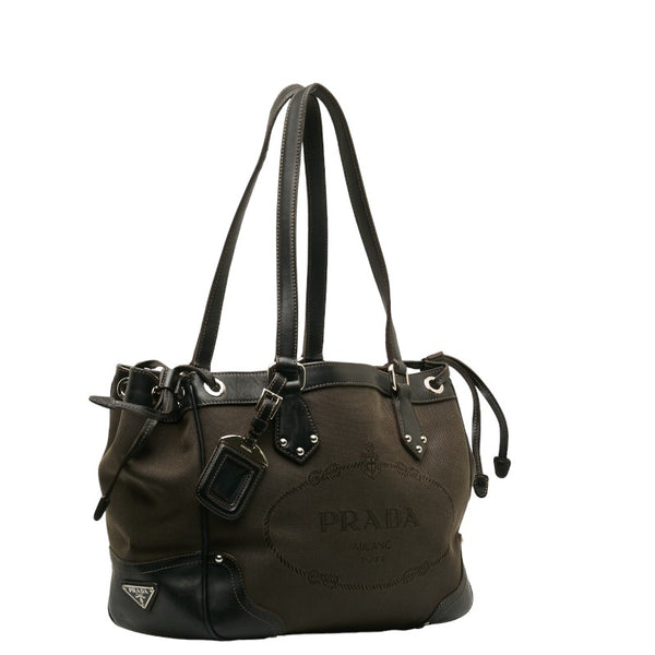 プラダ ロゴジャカード ショルダーバッグ ブラウン キャンバス レザー レディース PRADA 【中古】
