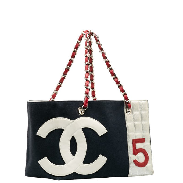 シャネル No.5 チェーン トートバッグ ネイビー マルチカラー キャンバス レザー レディース CHANEL 【中古】
