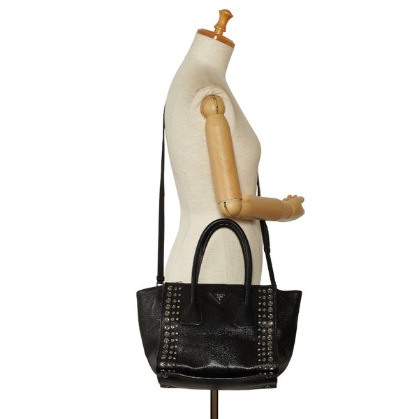プラダ 三角ロゴプレート ダイヤ スタッズ ハンドバッグ ショルダーバッグ 2WAY B2625O ブラック レザー レディース PRADA 【中古】