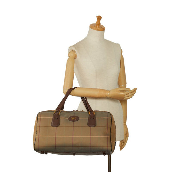 バーバリー チェック ボストンバッグ カーキ ブラウン キャンバス レザー レディース BURBERRY 【中古】