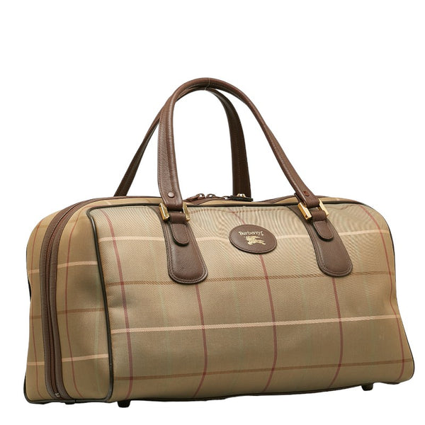 バーバリー チェック ボストンバッグ カーキ ブラウン キャンバス レザー レディース BURBERRY 【中古】