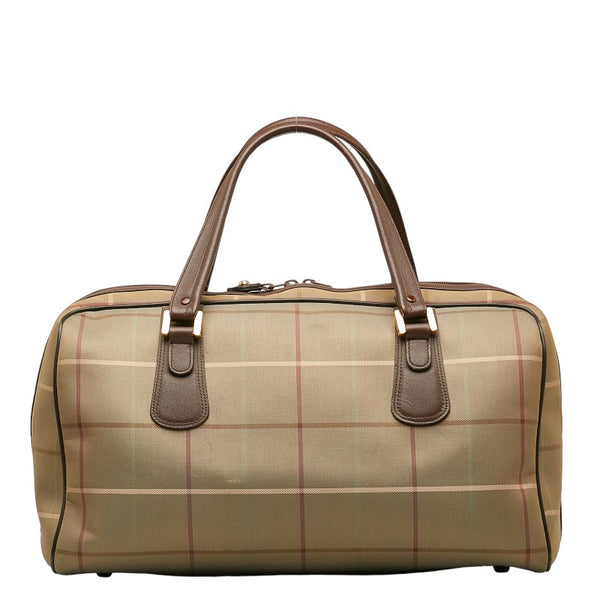 バーバリー チェック ボストンバッグ カーキ ブラウン キャンバス レザー レディース BURBERRY 【中古】