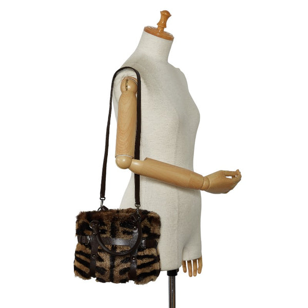 サルヴァトーレフェラガモ ゼブラ柄 ハンドバッグ ショルダーバッグ 2WAY AF-21 4882 ブラウン ラビットファー レザー レディース Salvatore Ferragamo 【中古】