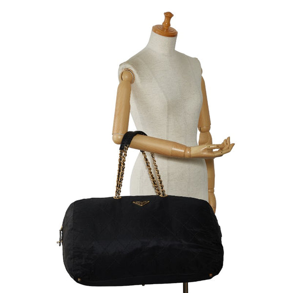 プラダ 三角ロゴプレート チェーン ショルダーバッグ ブラック ゴールド ナイロン レザー レディース PRADA 【中古】