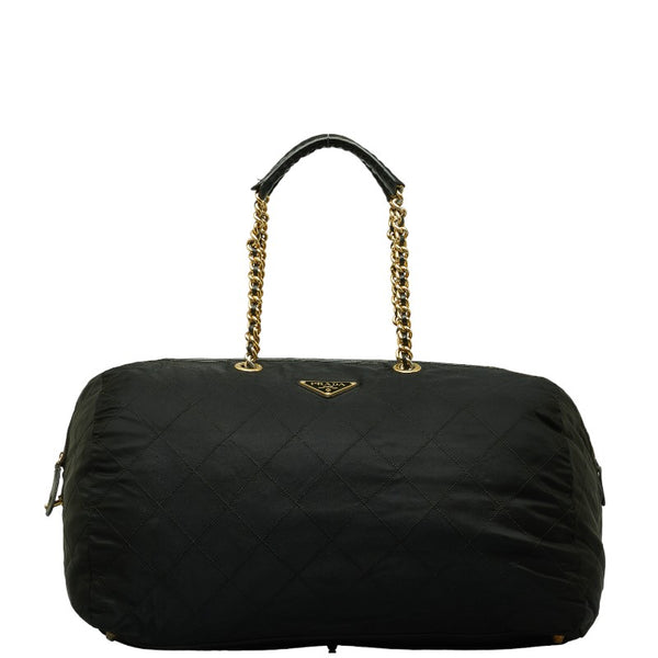 プラダ 三角ロゴプレート チェーン ショルダーバッグ ブラック ゴールド ナイロン レザー レディース PRADA 【中古】