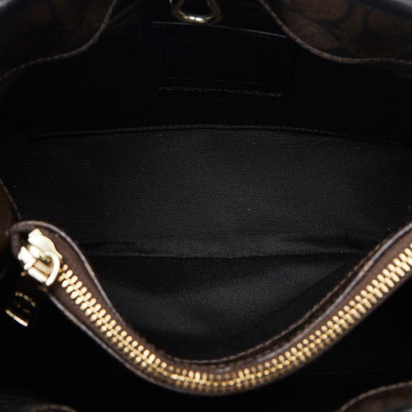 コーチ シグネチャー ハンドバッグ ブラウン ブラック PVC レザー レディース COACH 【中古】