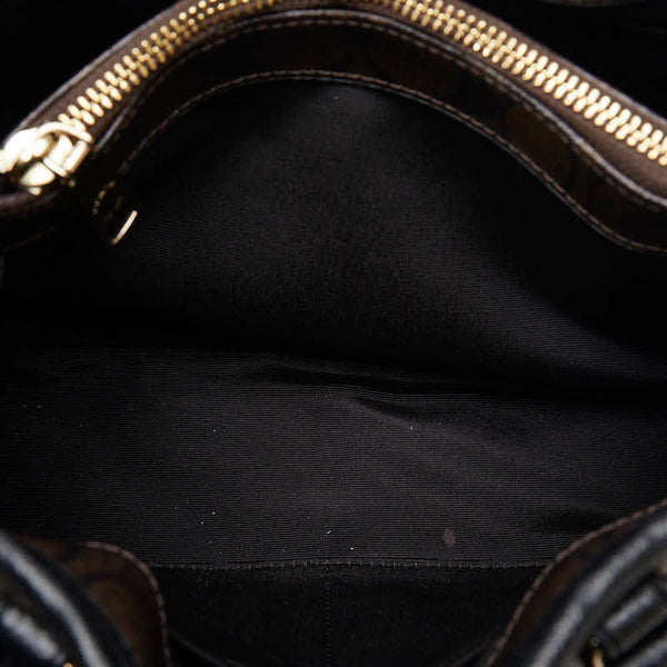 コーチ シグネチャー ハンドバッグ ブラウン ブラック PVC レザー レディース COACH 【中古】