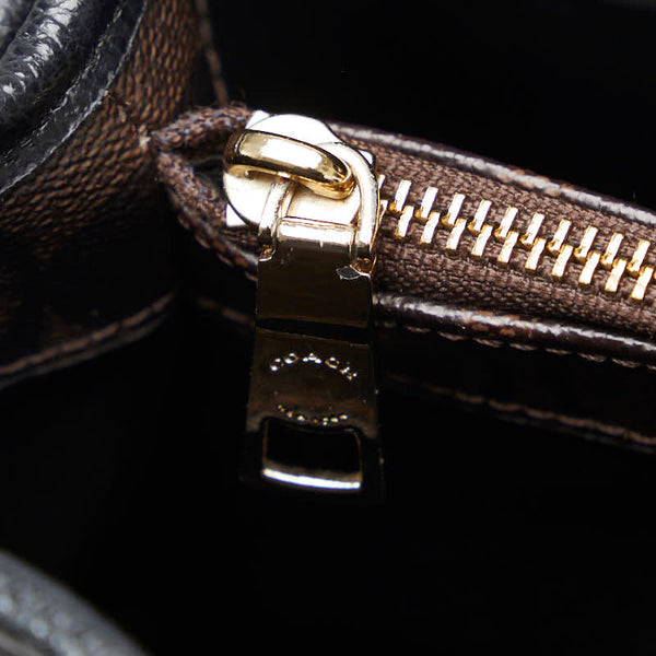 コーチ シグネチャー ハンドバッグ ブラウン ブラック PVC レザー レディース COACH 【中古】