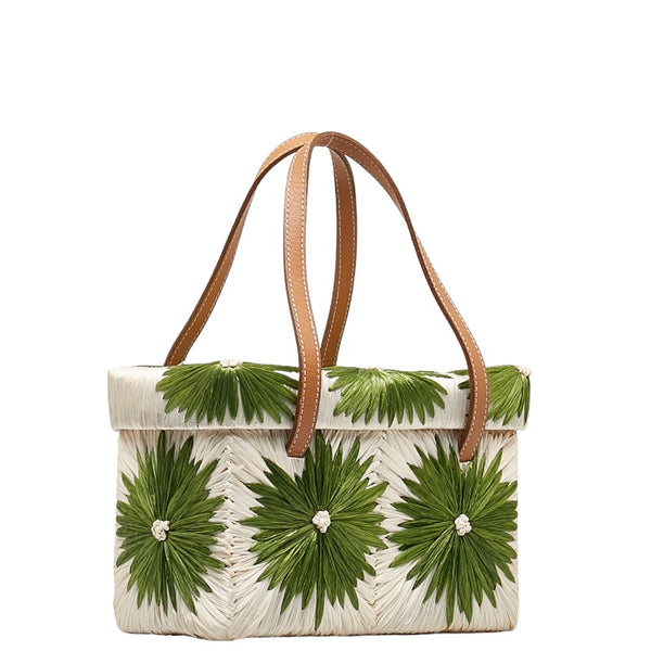 ケイトスペード スクエア フラワー 花 モチーフ ハンドバッグ カゴバッグ ホワイト グリーン ラフィア レザー レディース Kate Spade 【中古】