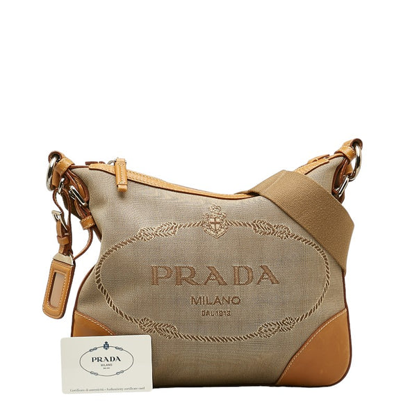プラダ ロゴジャガード 斜め掛け ショルダーバッグ BT0534 ベージュ キャンバス レザー レディース PRADA 【中古】
