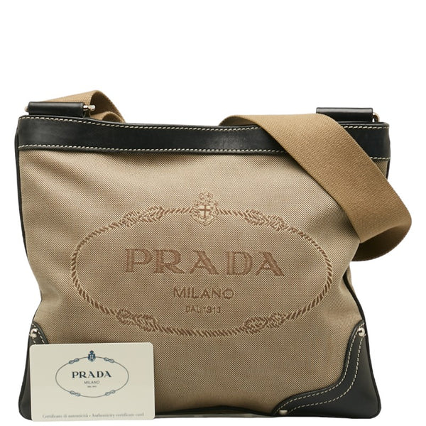 プラダ ロゴジャガード 斜め掛け ショルダーバッグ BT0537 ベージュ ブラック キャンバス レザー レディース PRADA 【中古】