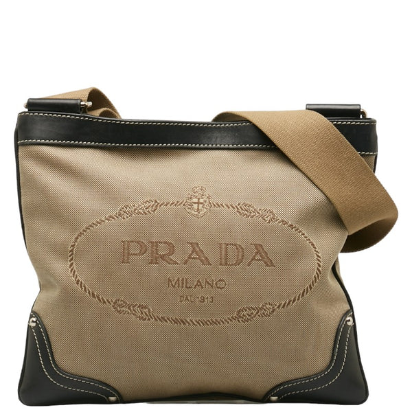 プラダ ロゴジャガード 斜め掛け ショルダーバッグ BT0537 ベージュ ブラック キャンバス レザー レディース PRADA 【中古】