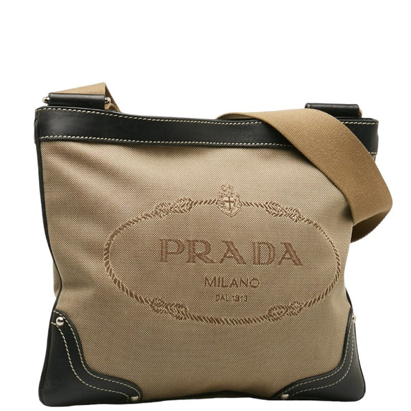 プラダ ロゴジャガード 斜め掛け ショルダーバッグ BT0537 ベージュ ブラック キャンバス レザー レディース PRADA 【中古】