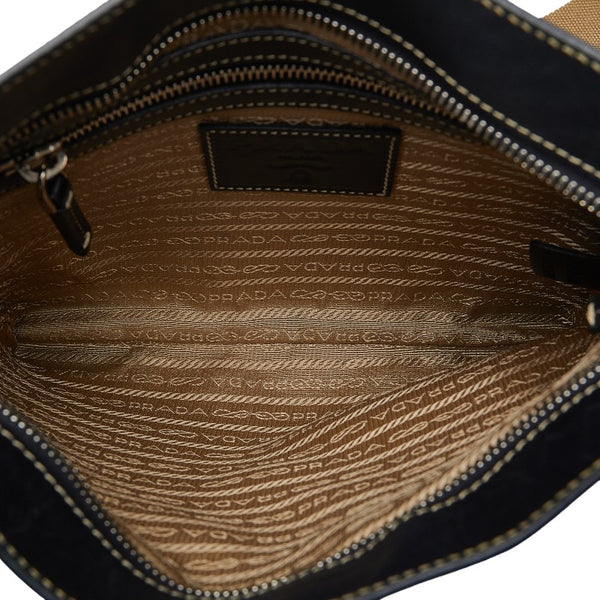 プラダ ロゴジャガード 斜め掛け ショルダーバッグ BT0537 ベージュ ブラック キャンバス レザー レディース PRADA 【中古】