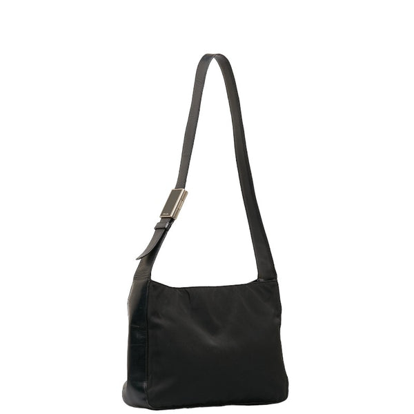 プラダ ロゴプレート ワンショルダーバッグ ブラック ナイロン レザー レディース PRADA 【中古】