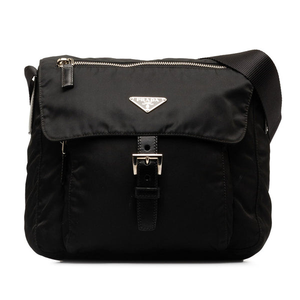 プラダ 三角ロゴプレート 斜め掛け ショルダーバッグ ブラック ナイロン レザー レディース PRADA 【中古】