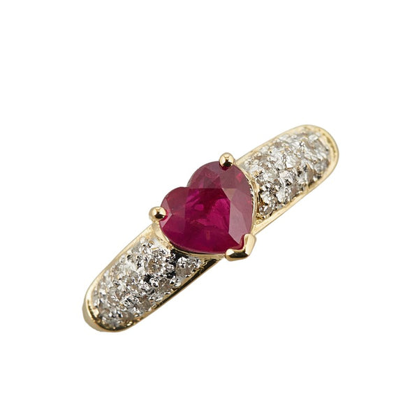 K18YG イエローゴールド ルビー1.00ct ダイヤ0.30ct ハート モチーフ リング 指輪 レディース 11.5号 【中古】