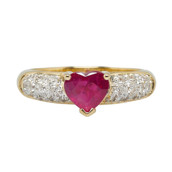 K18YG イエローゴールド ルビー1.00ct ダイヤ0.30ct ハート モチーフ リング 指輪 レディース 11.5号 【中古】