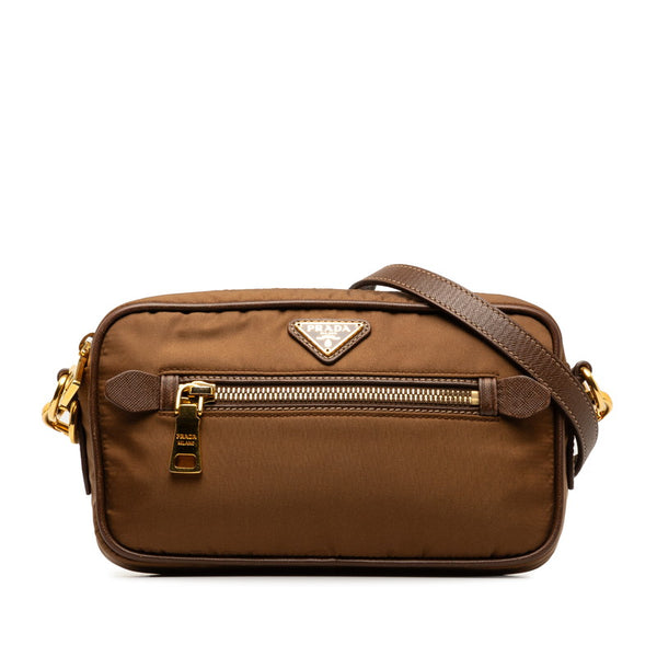 プラダ 三角ロゴプレート 斜め掛け ショルダーバッグ ブラウン ナイロン レザー レディース PRADA 【中古】