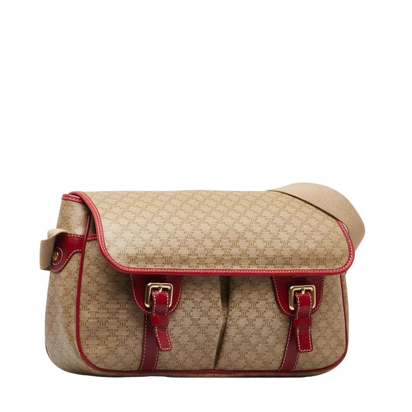 セリーヌ マカダム 斜め掛け ショルダーバッグ ベージュ レッド PVC レザー レディース CELINE 【中古】