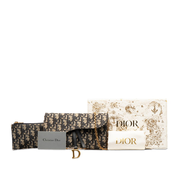 ディオール オブリーク サドル 長財布 チェーンウォレット ベージュ ネイビー キャンバス レザー レディース Dior 【中古】