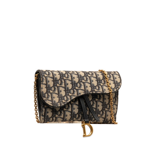 ディオール オブリーク サドル 長財布 チェーンウォレット ベージュ ネイビー キャンバス レザー レディース Dior 【中古】