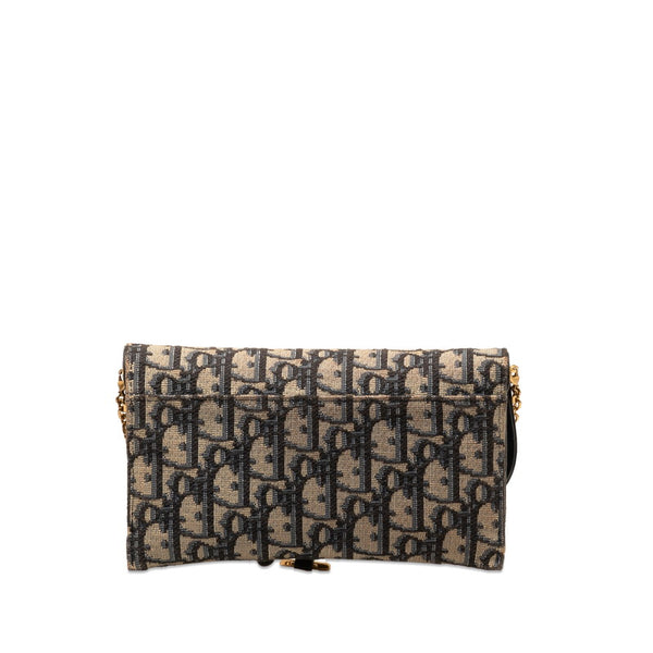 ディオール オブリーク サドル 長財布 チェーンウォレット ベージュ ネイビー キャンバス レザー レディース Dior 【中古】