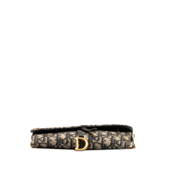 ディオール オブリーク サドル 長財布 チェーンウォレット ベージュ ネイビー キャンバス レザー レディース Dior 【中古】