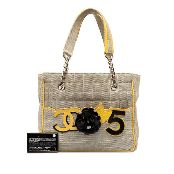 シャネル NO.5 チョコバー カメリア チェーン ハンドバッグ A31573 イエロー グレー キャンバス エナメル レディース CHANEL 【中古】