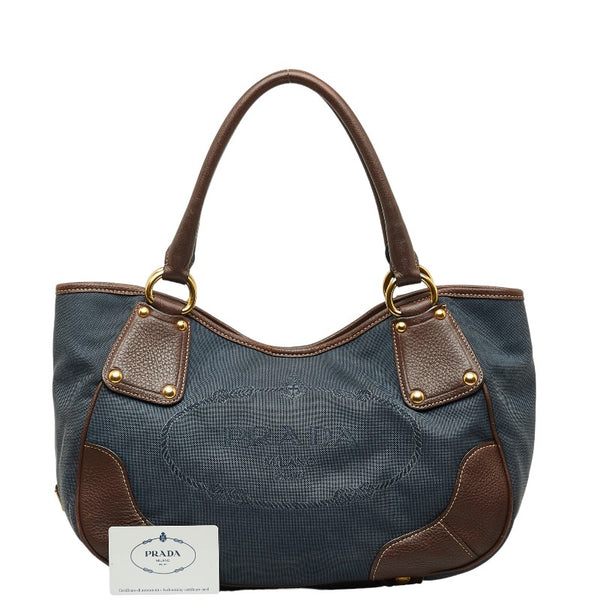 プラダ ロゴジャガード ハンドバッグ BR4635 ネイビー ブラウン キャンバス レザー レディース PRADA 【中古】