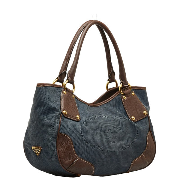 プラダ ロゴジャガード ハンドバッグ BR4635 ネイビー ブラウン キャンバス レザー レディース PRADA 【中古】