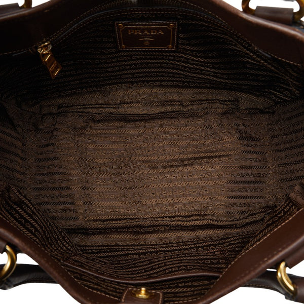 プラダ ロゴジャガード ハンドバッグ BR4635 ネイビー ブラウン キャンバス レザー レディース PRADA 【中古】