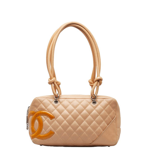 シャネル カンボン ココマーク ボーリングバッグ ハンドバッグ ベージュ オレンジ ラムスキン レディース CHANEL 【中古】
