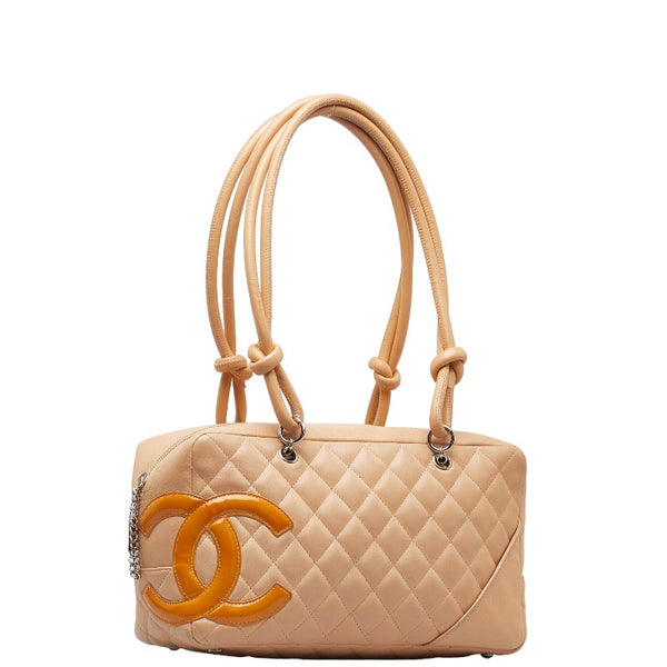 シャネル カンボン ココマーク ボーリングバッグ ハンドバッグ ベージュ オレンジ ラムスキン レディース CHANEL 【中古】